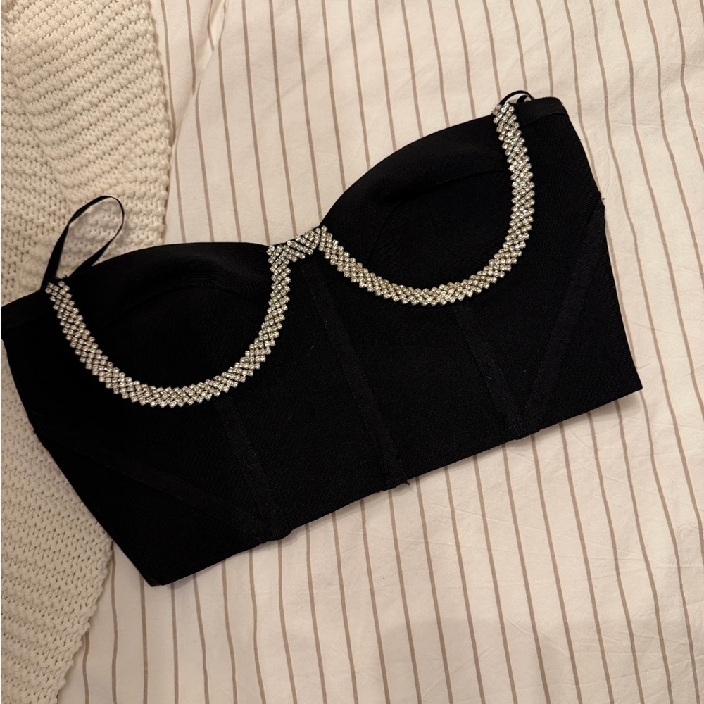 Black Strapless Bustier Top with Rhinestone Trim